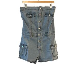 Romper Women's Size Large Blue Denim Strapless Button Front Brand New